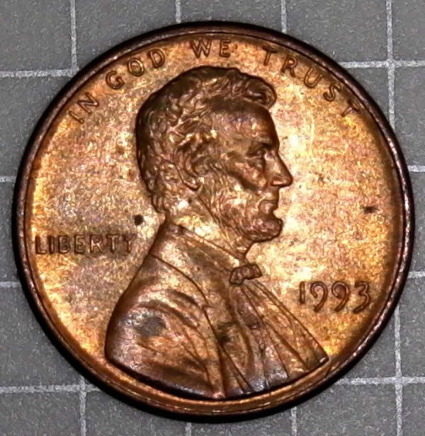 1993-P-Lincoln-Cent-With-Retained-Interior-Die-Break,-And-Die-Dents